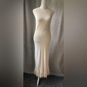 Massimo Dutti Cream Knit Sleeveless Fringe-Hem Maxi Dress